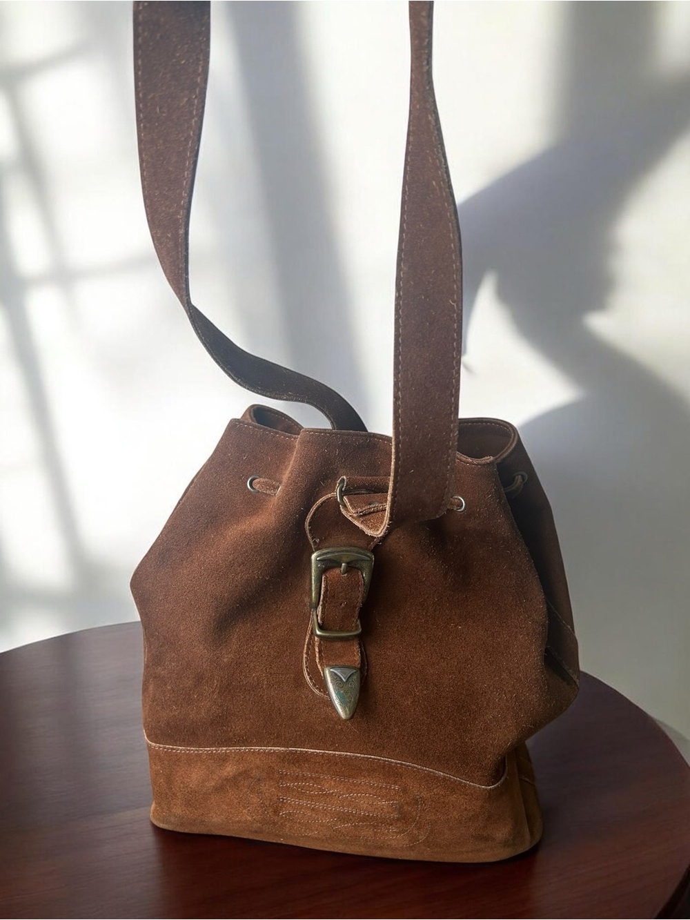 Vintage Pegabo Brown Suede Leather Bucket Drawstring Shoulder Bag